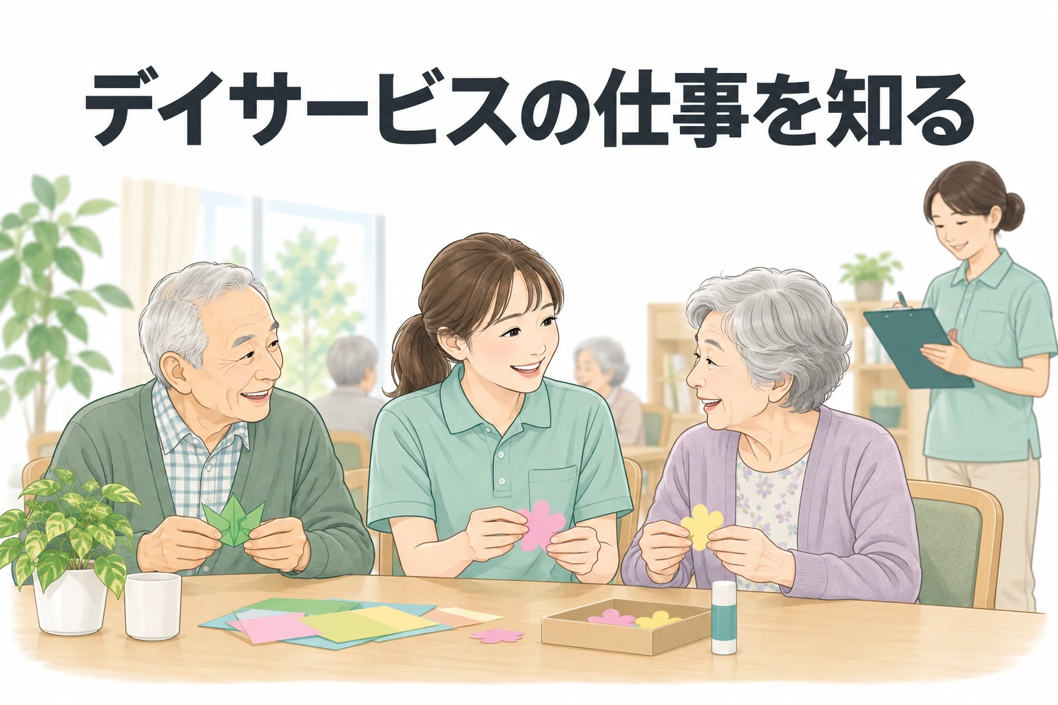 デイサービス 転職：「デイサービスの仕事を知る」の文字と、利用者2人と折り紙をする介護職員のイラスト