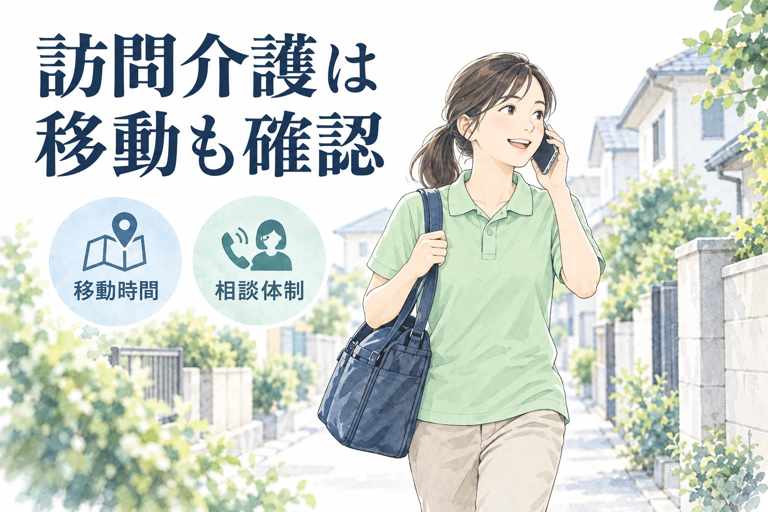 訪問介護 転職：訪問介護は移動も確認の文字と仕事内容を描くイラスト