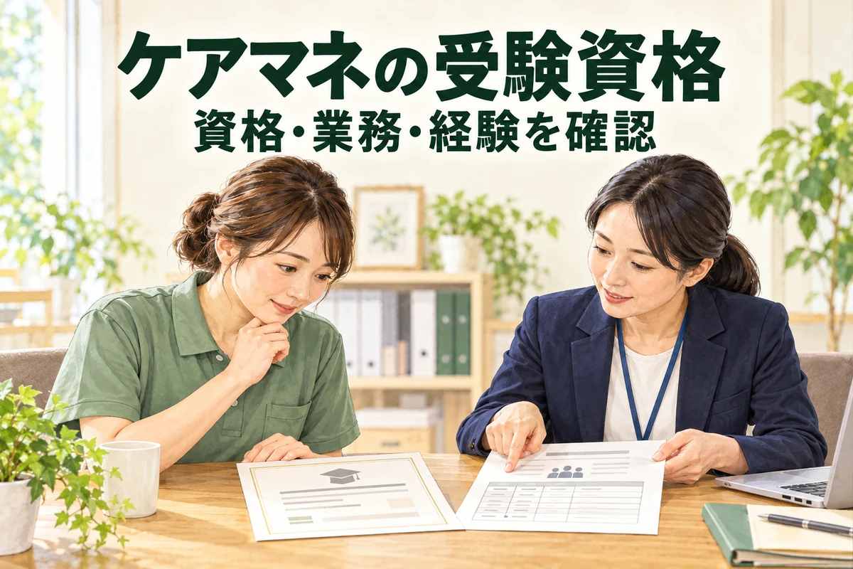 ケアマネの受験資格：介護職が資格証と勤務の記録を相談担当者と見比べる場面。「資格・業務・経験を確認」の文字を添えたイラスト。