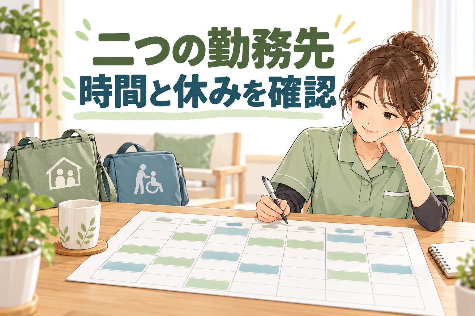 介護の副業を伴う転職で、介護職が二色の勤務予定と休む時間を一枚のカレンダーで確認する場面。