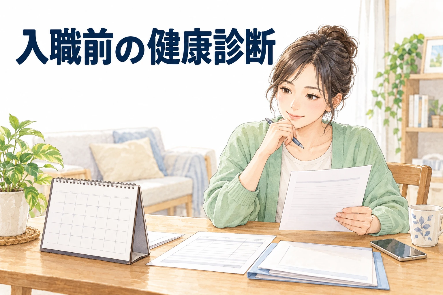 介護の転職と健康診断：入職前に受診の予定と書類を確認する女性。「入職前の健康診断」の文字を添えたイラスト