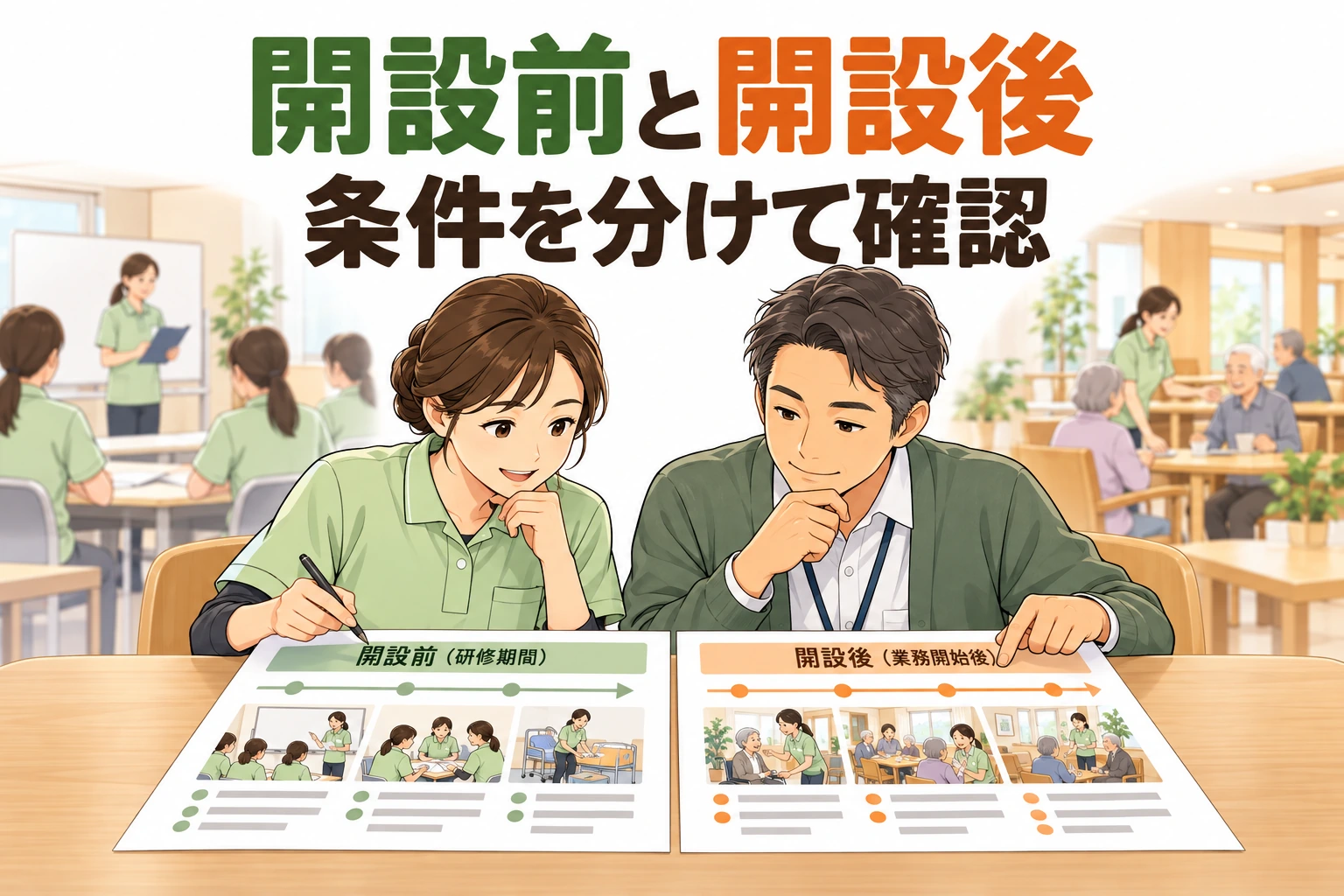 介護のオープニング転職で、介護職と採用担当が開設前の研修と開設後の勤務条件を二枚の日程表で確認する場面。