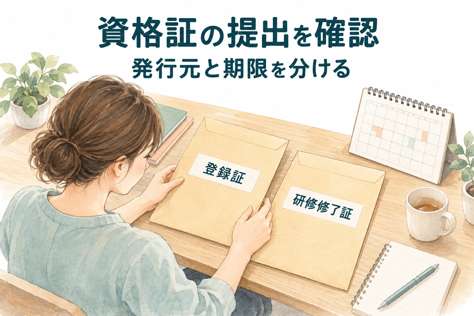介護就職で資格証の紛失・旧姓に対応するため、登録証と研修修了証の封筒と予定表を整理する人のイラスト。