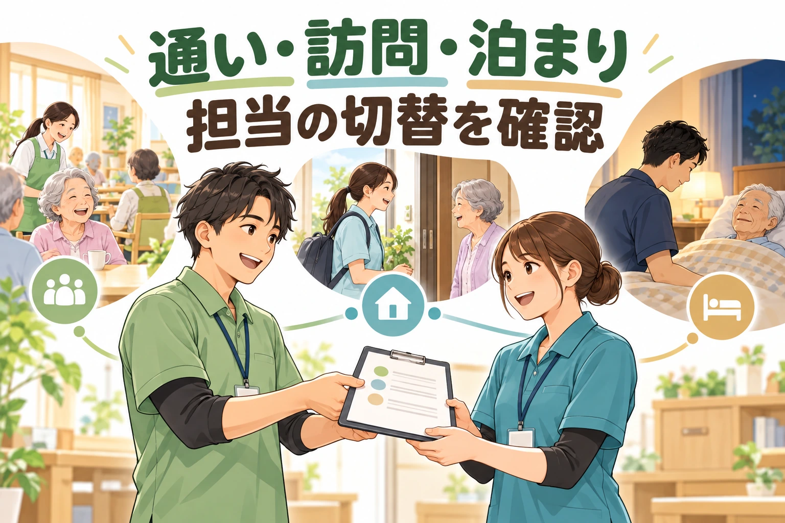 介護の小規模多機能への転職で、通い・訪問・泊まりの三場面を背景に職員同士が担当を引き継ぐ場面。