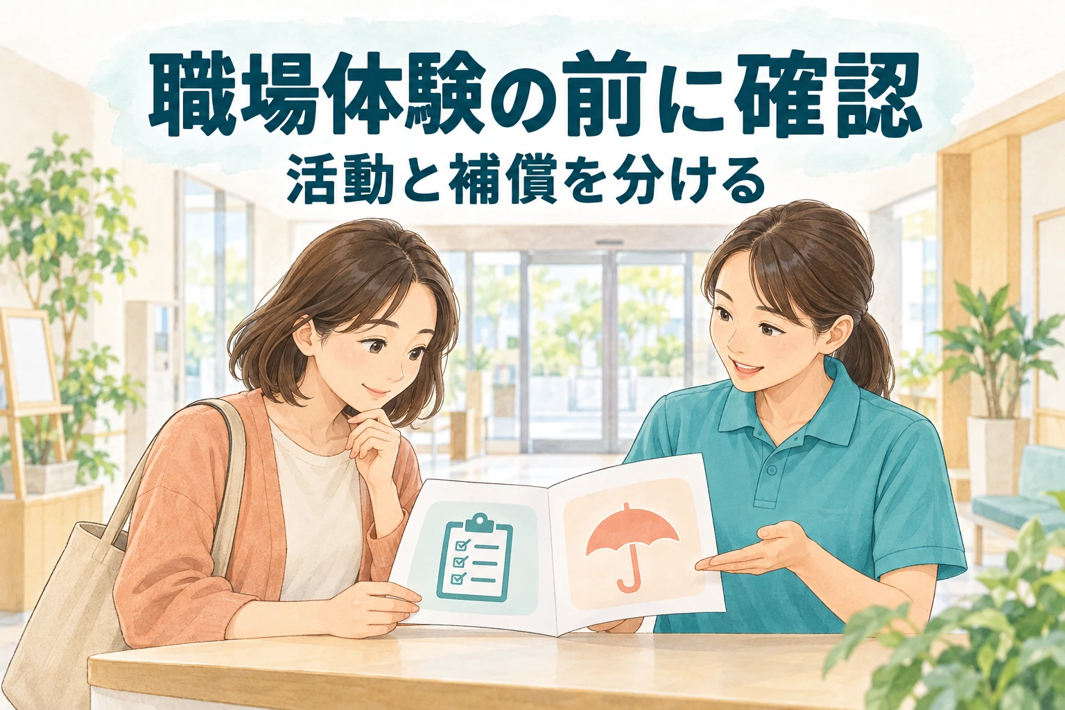 介護就職前の職場体験で活動と補償を確認する文字と、受付で参加案内を担当者と読む成人のイラスト。