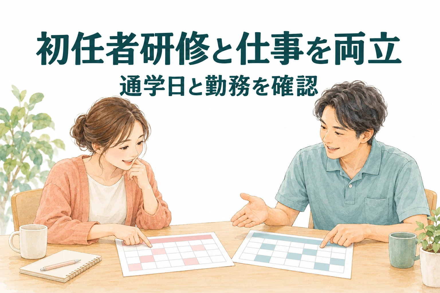 介護転職と初任者研修の両立に向け、通学日と勤務を確認する文字と二つの予定表を照合する二人のイラスト。