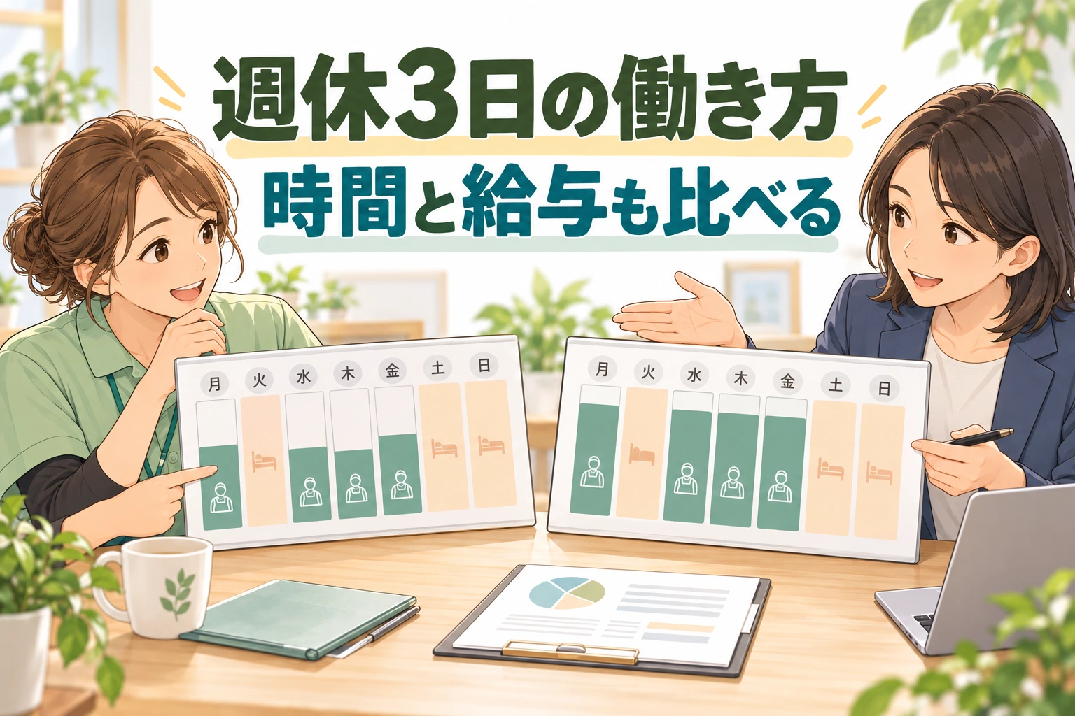 介護の週休3日への転職で、介護職と人事担当が勤務時間の長さが異なる二枚の週間予定表を比べる場面。