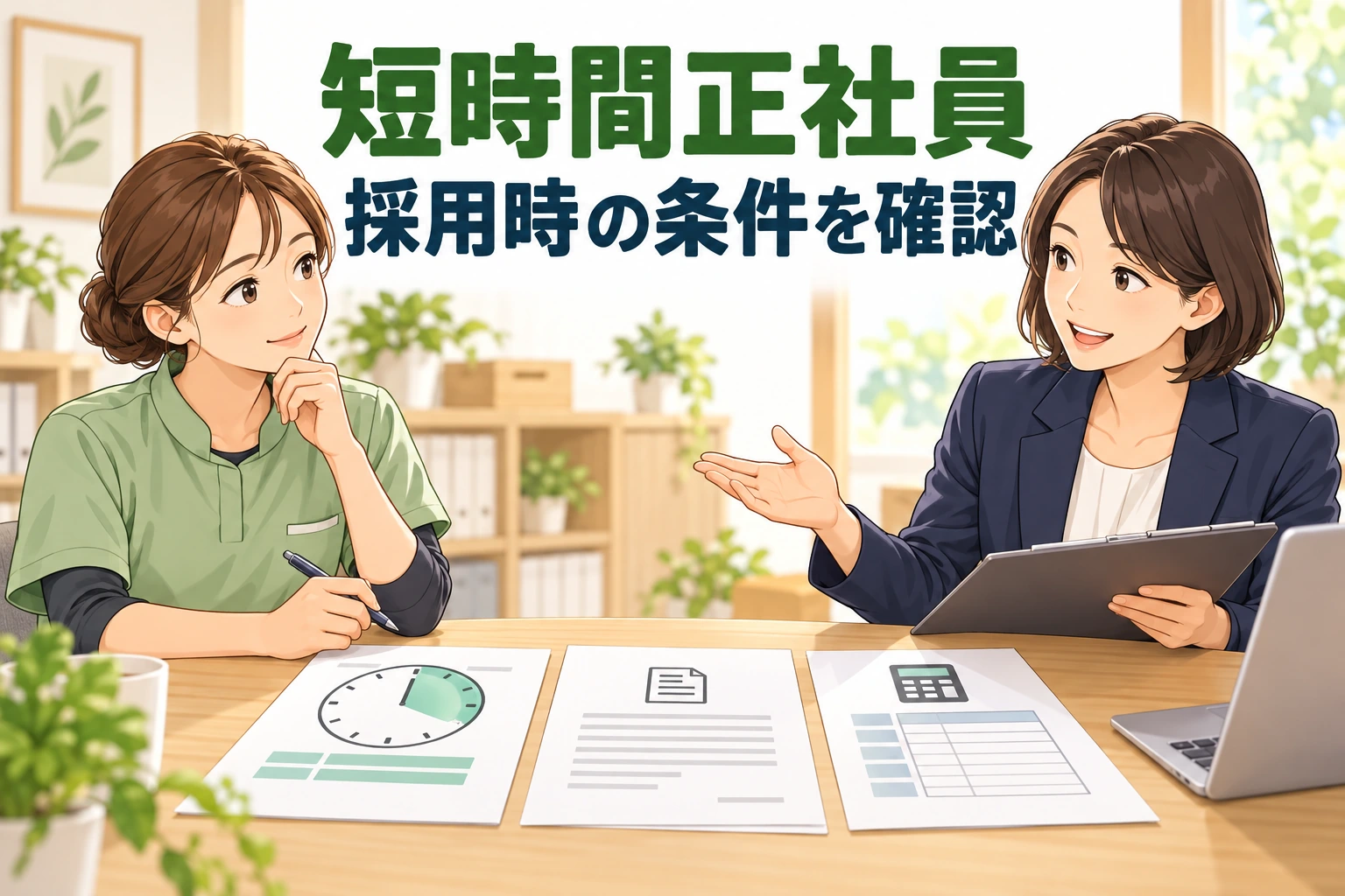 介護の短時間正社員への転職で、介護職が人事担当と勤務時間・契約・給与の条件を確認する場面。