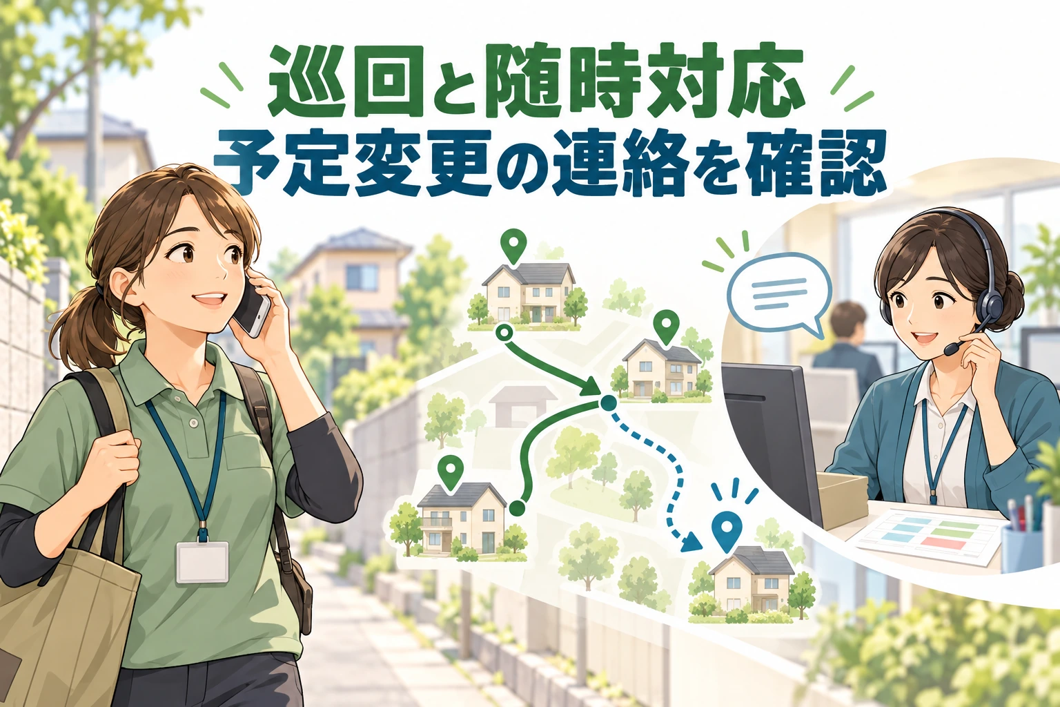 介護の定期巡回への転職で、安全に立ち止まった訪問職員と通報受付担当が予定変更を連絡する場面。