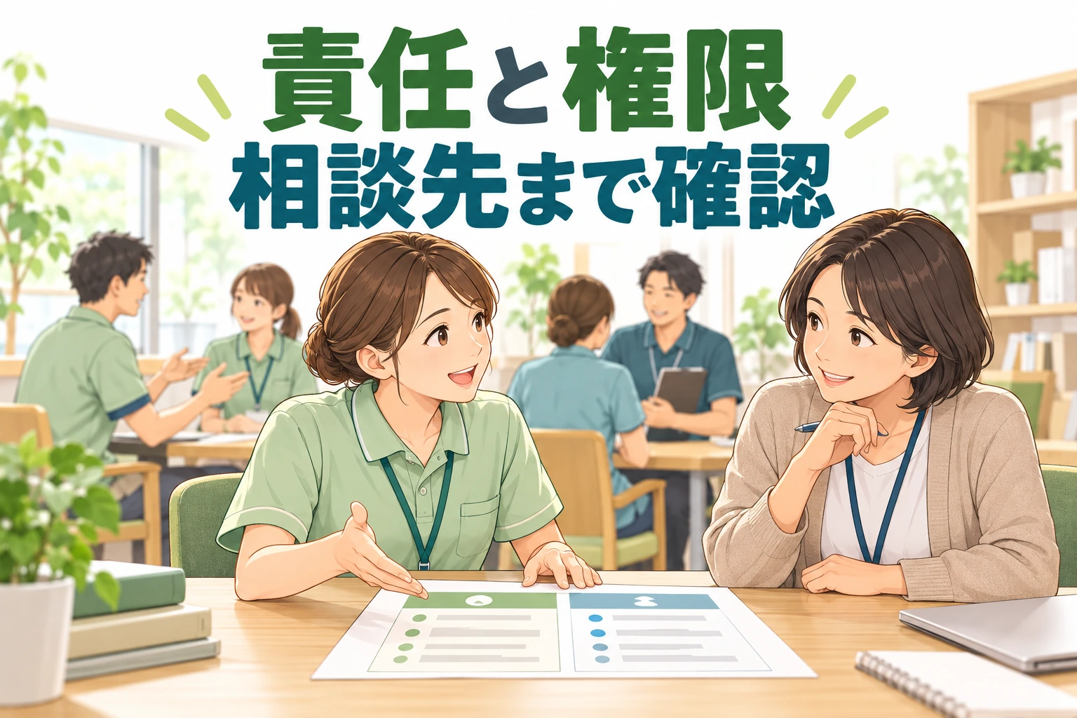 介護のユニットリーダー転職で、介護職が管理者と役割表を見ながら責任・権限・相談先を確認する場面。
