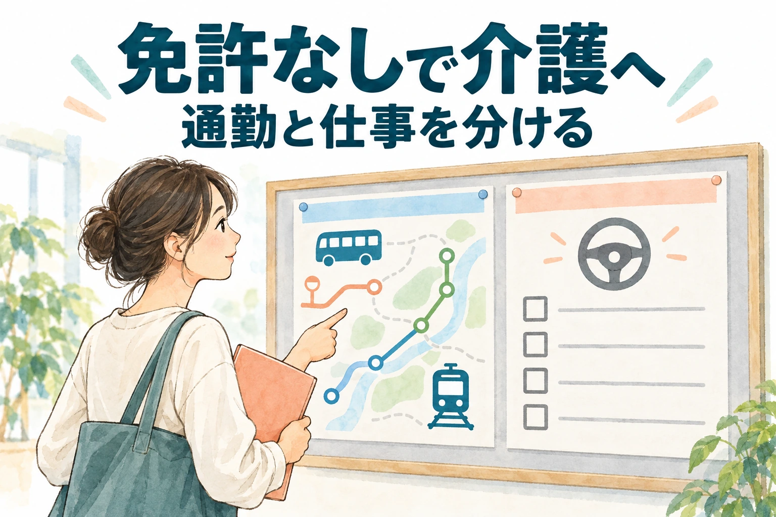 介護転職で運転免許なしの条件を確認するため、通勤経路図と業務運転の確認票を分けて見る人のイラスト。