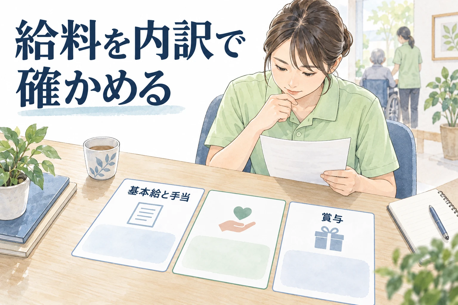 介護福祉士 給料:給料を内訳で確かめるの文字と仕事内容を描くイラスト