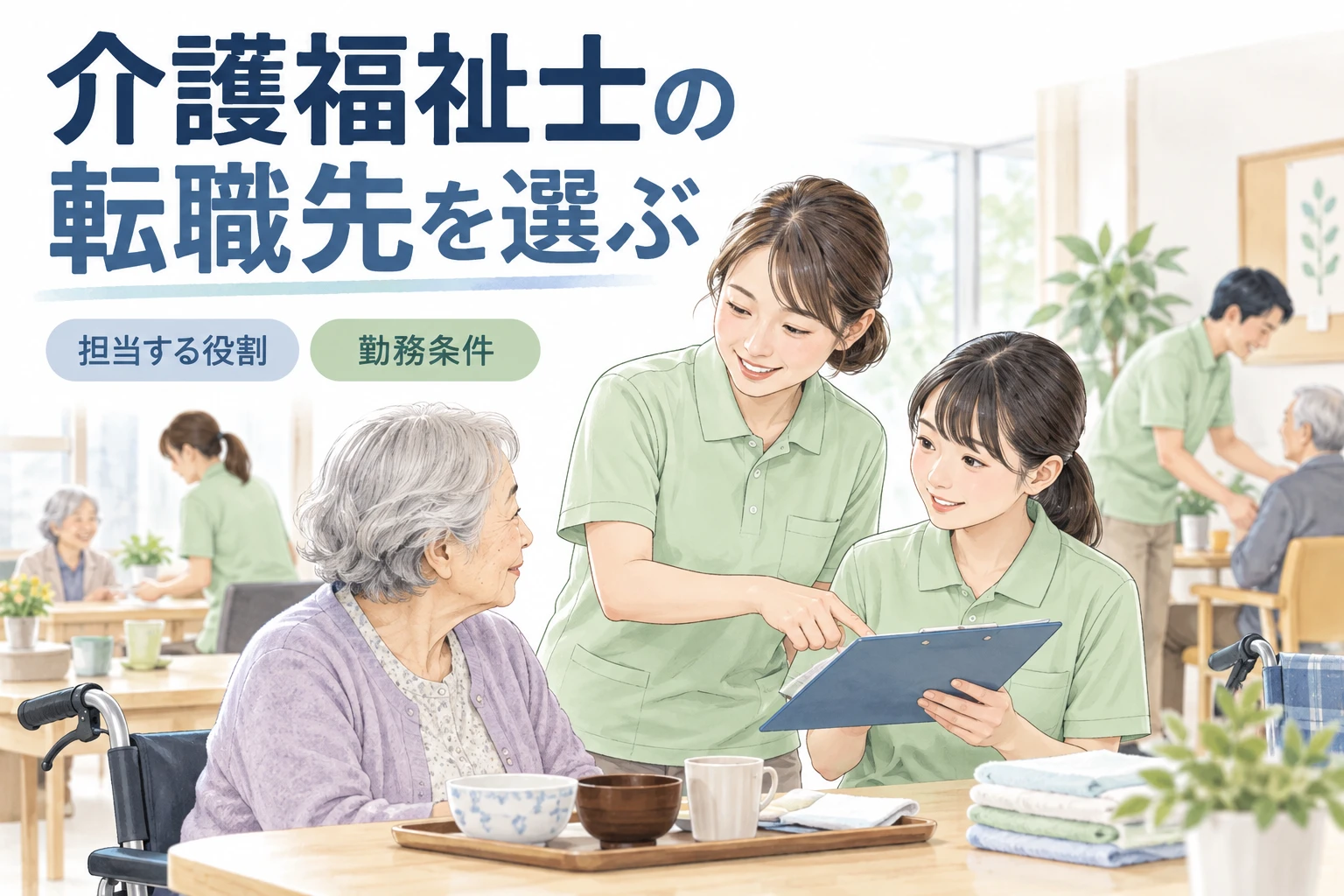 介護福祉士 転職：介護福祉士の転職先を選ぶの文字と仕事内容を描くイラスト