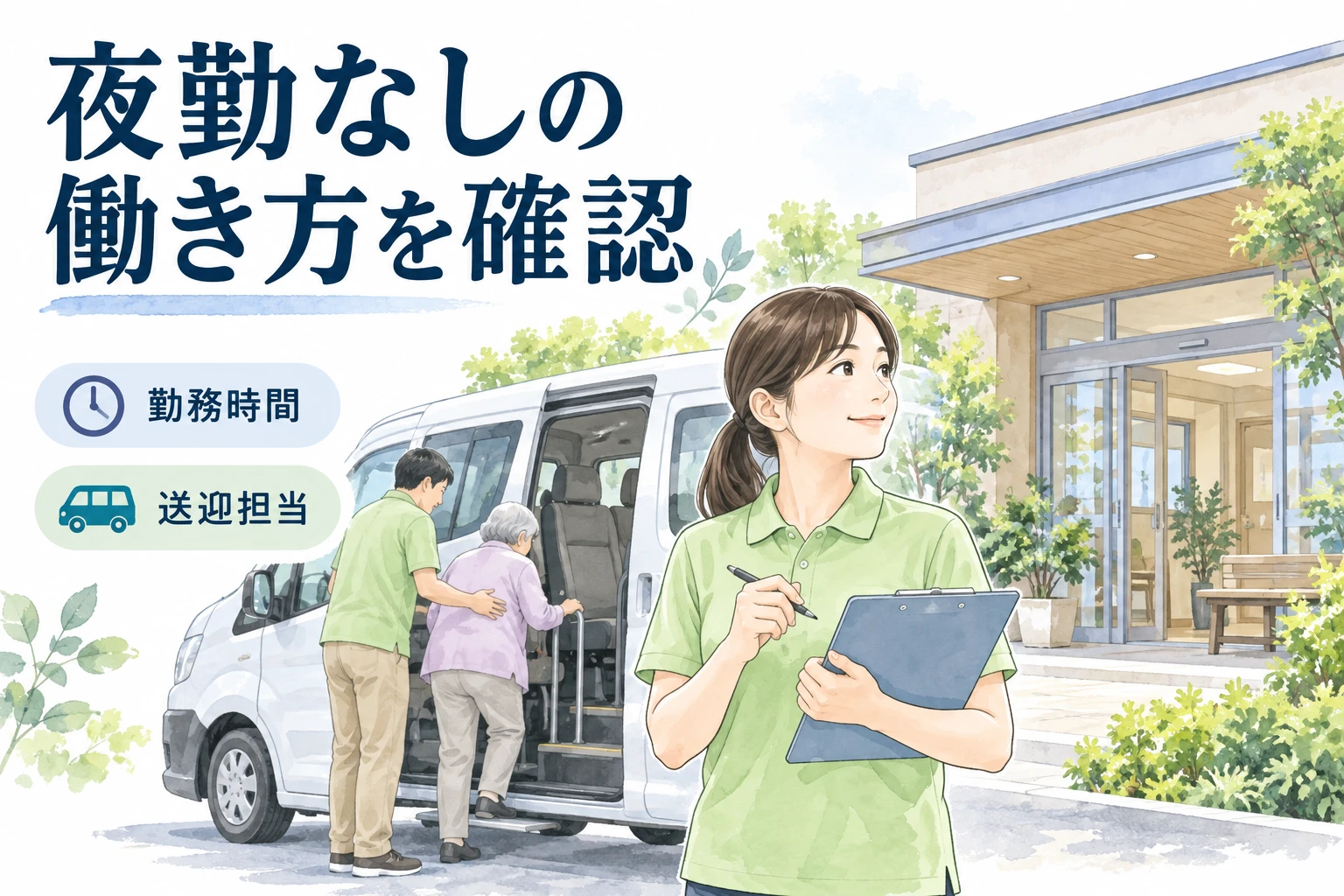 介護 夜勤なし 正社員：夜勤なしの働き方を確認の文字と仕事内容を描くイラスト