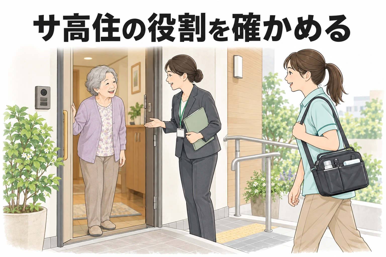 サ高住 転職：「サ高住の役割を確かめる」の文字と、玄関で入居者と話す職員と、かばんを持って歩く介護職員のイラスト