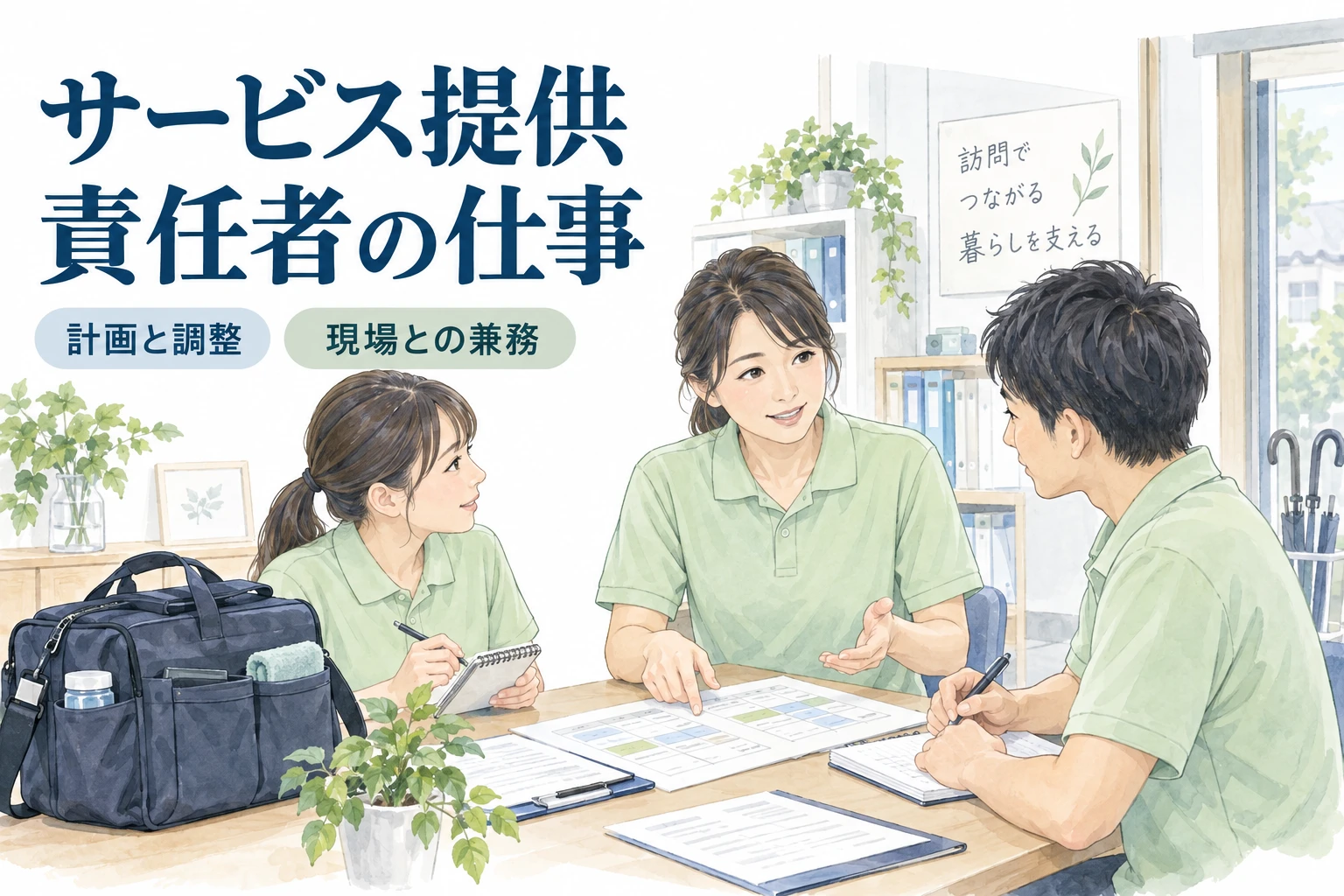 サービス提供責任者 転職：サービス提供責任者の仕事の文字と仕事内容を描くイラスト