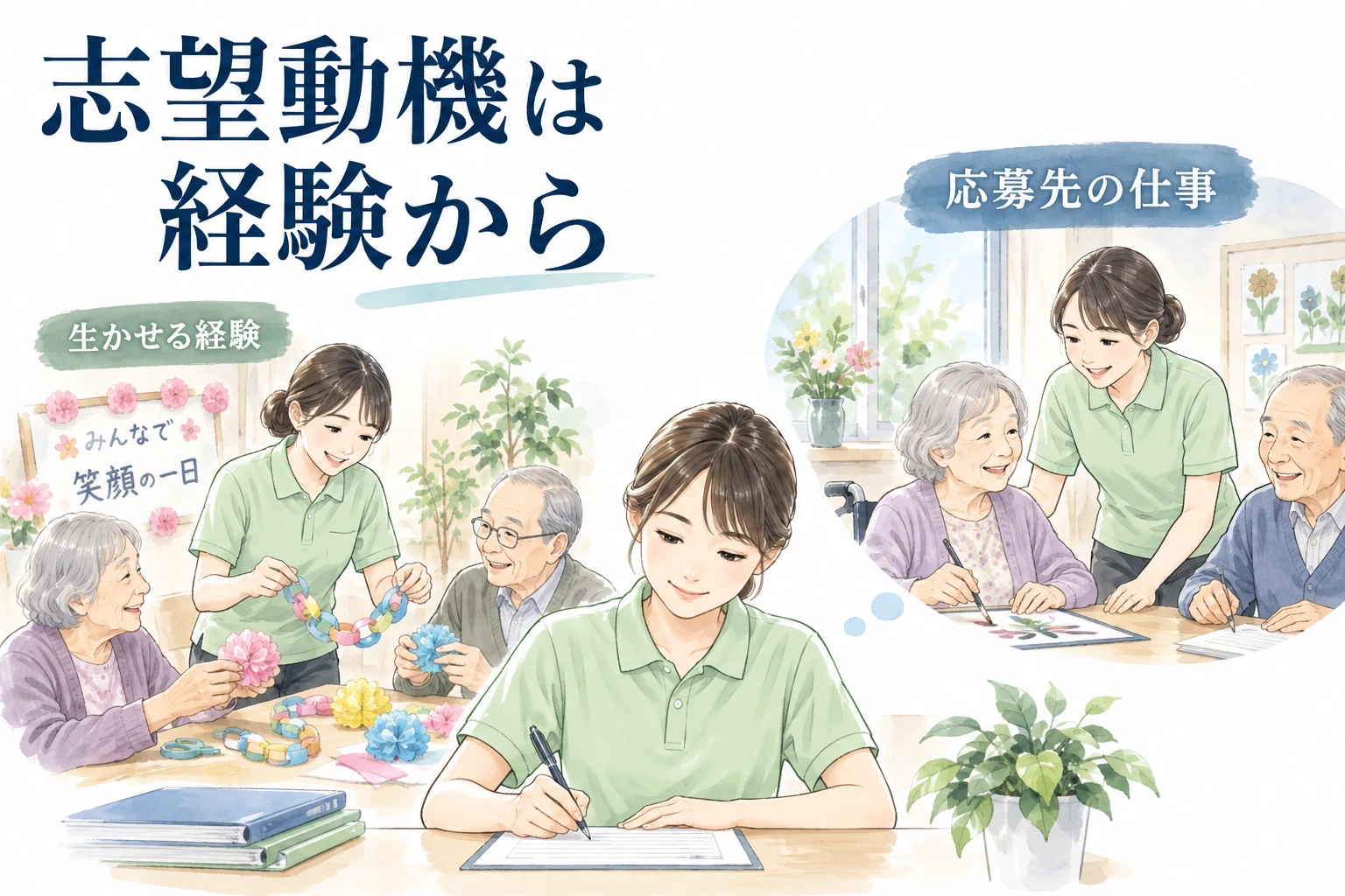 介護 転職 志望動機：志望動機は経験からの文字と仕事内容を描くイラスト