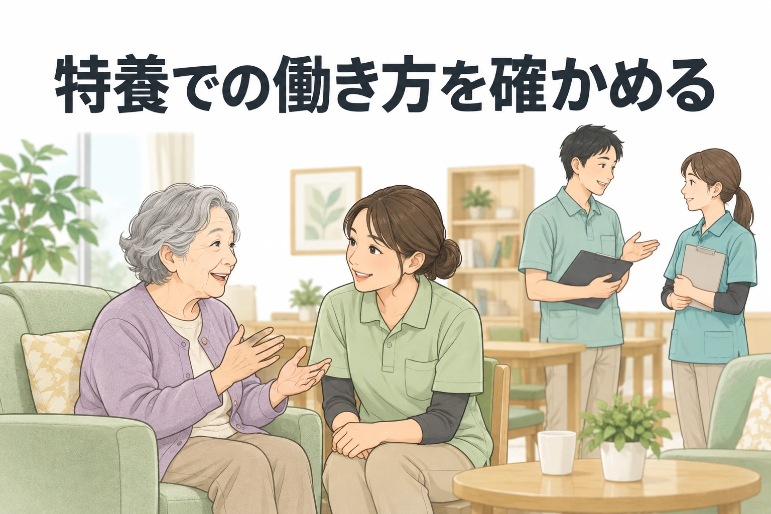 特養 転職：「特養での働き方を確かめる」の文字と、ソファで利用者と話す介護職員と、奥で打ち合わせをする職員2人のイラスト